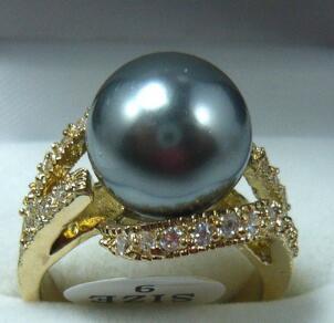 Free ShippinGNoblest 12mm black shell pearl 18KGP ring(#7.8.9)