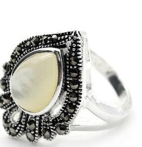 Free Shippin lady's noble 925 SILVER NATURAL DROP WHITE SEA SHELL MARCASITE RING SIZE 7/8/9/10