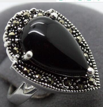 Free Shipping 15*23mm RARE VINTAGE NATURAL BLACK Natural Stone 925 SILVER MARCASITE RING SIZ 7/8/9/10