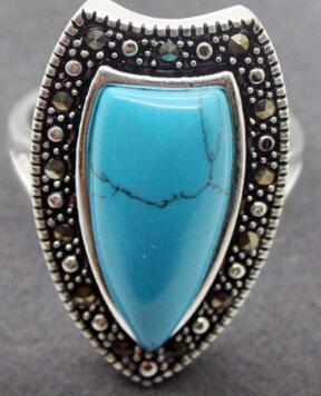 Free Shipping14*26mm BLUE Natural Stone MARCASITE 925 STERLING SILVER WATERDROP RING SIZE 7/8/9/10