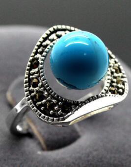 Free Shipping wholesale New Pretty 6mm Blue Natural Stone Beads 925 Sterling Silver Marcasite Ring Size 7-10