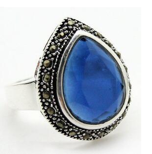 Free Shipping RARE FACETED 25*20mm BLUE CRYSTAL &MARCASITE 925 STERLING SILVER RING SIZE 7/8/9/10