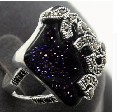 Free Shipping22X20mm 925 Sterling Silver Blue Gold Stone Marcasite Ring Size 7/8/9/10