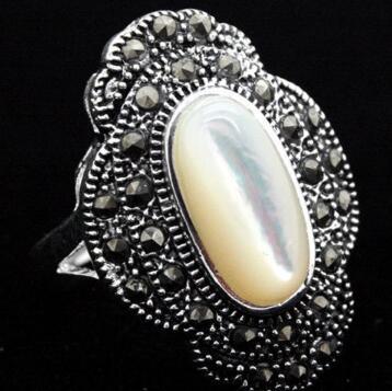 Free Shipping 24*16mm Vintage Natural White Shell 925Silver Marcasite Ring Size 7/8/9/10