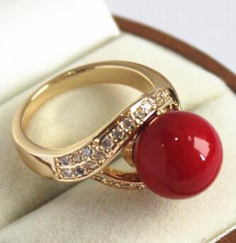 Free Shippinglovely lady's 18KGP with crystal decorated &12mm red shell pearl ring(#7 8 9 10)