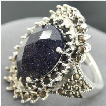 Free Shipping 16*27mm Rare Real Faceted Blue Sandstone Marcasite 925 SILVER RING SIE 7/8/9/10