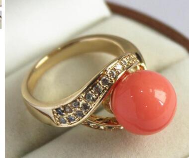 Free Shipping lovely lady's 18KGP with crystal decorated &12mm salmon pink shell pearl ring(#7 8 9 10)