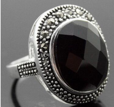 Free Shipping 2 17*21mm RARE NATURAL FACETED BLACK Natural Stone MARCASITE 925 SILVER RING SIZ 7/8/9/10 for valentise gift