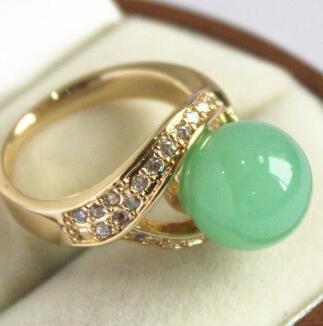 Free Shippingcute lady's 18KGP with crystal decorated &12mm light green jades ring(#7 8 9 10)