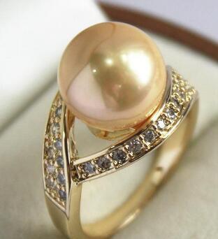 Free Shipping beautiful lady's 18KGP with crystal decorated &12mm yellow shell pearl ring(#7 8 9 10)