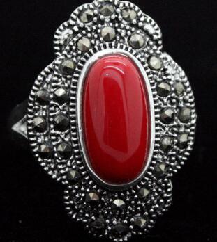 Free Shipping 24*16mm Vintage 925 Silver Oval Red Coral Marcasite Ring Size 7/8/9/10