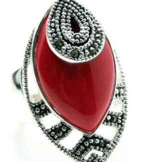 Free Shippingwholesale 925 Sterling Silver Red Carved Lacquer With Marcasite Attractive Ring Size 7-10