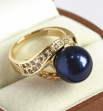 Free Shipping noble lady's 18KGP with crystal decorated &12mm dark blue shell pearl ring(#7 8 9 10)earl ring(#7.8.9)