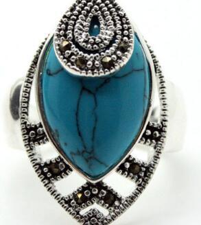 Free Shipping l 30*18mm RARE VINTAGE 925 SILVER BLUE Natural Stone MARCASITE DROP RING SZ 7/8/9/10