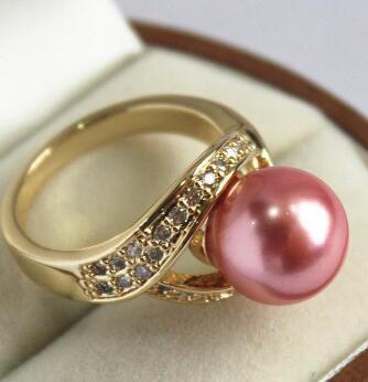 Free Shipping beautiful lady's 18KGP with crystal decorated &12mm vermilion shell pearl ring(#7 8 9 10)