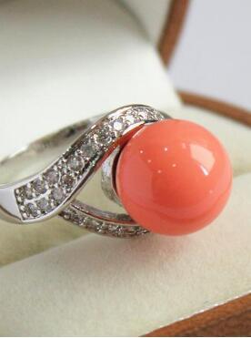 Free Shippingnoblest lady's silver plated with crystal decorated &12mm salmon pink shell pearl ring(#7 8 9 10)