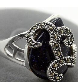 Free Shipping 18*16mm Rare 925 Sterling Silver Natural Blue Sandstone Marcasite Ring Size 7/8/9/10