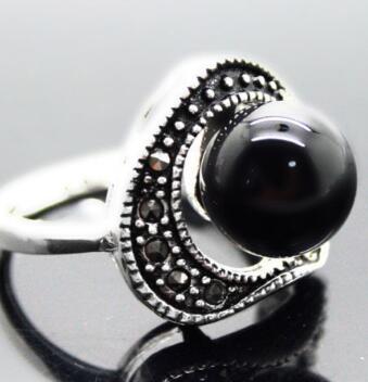 Free Shipping wholesale Natural 6mm Black Natural Stone Beads 925 Sterling Silver Marcasite Ring Size 7/8/9/10