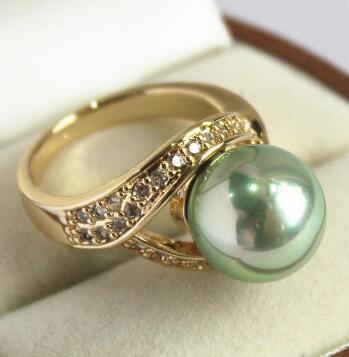 Free Shipping elegant lady's 18KGP with crystal decorated &12mm green shell pearl ring(#7 8 9 10)