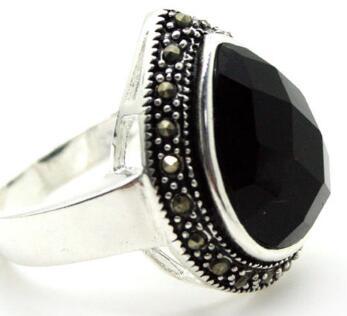 Free Shipping 25*20mm FACETED BLACK Natural Stone &MARCASITE 925 SILVER RING SIZE 7/8/9/10