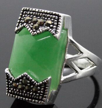 Free Shipping 12*20mm Rare Marcasite Natural Green Natural Stone 925 Sterling Silver Ring Size 7/8/9/10