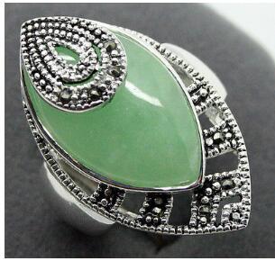 Free Shipping elegant lady's Natural Light Green Natural Stone Marcasite 925 & Sterling Silver Ring Sz 7/8/9/10