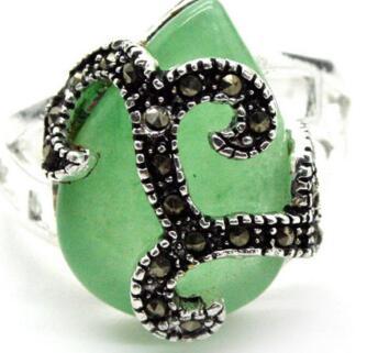 Free Shipping 18*16mm RARE NATURAL GREEN Natural Stone 925 SILVER MARCASITE DROP RING SIZE 7/8/9/10