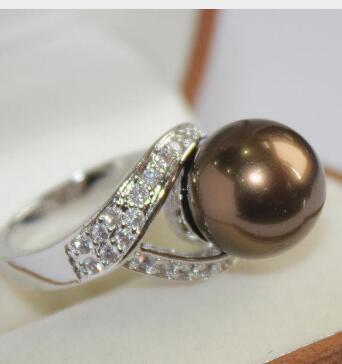 Free Shipping nice lady's silver plated with crystal decorated &12mm brown shell pearl ring(#7 8 9 10)