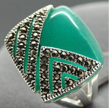 Free Shipping unsex 14*15mm Square Natural Green Natural Stone 925 Silver Ring Size 7/8/9/10