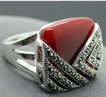 Free Shipping 14*15mm 925 SILVER NATURAL RED Natural Stone & MARCASITE SQUARE RING SIZE 7/8/9/10