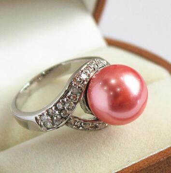 Free Shipping noblest lady's silver plated with crystal decorated &12mm red shell pearl ring(#7 8 9 10)