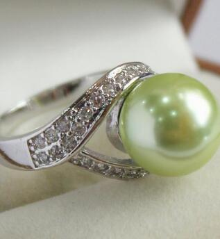 Free Shipping fancy lady's silver plated with crystal decorated &12mm green shell pearl ring(#7 8 9 10)