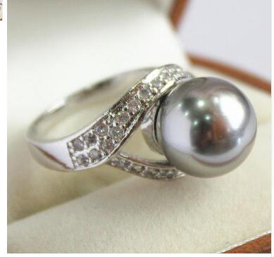 Free Shipping high quality lady's silver plated with crystal decorated &12mm gray shell pearl ring(#7 8 9 10)