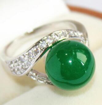 Free Shipping elegant lady's silver plated with crystal decorated &12mm green jades ring(#7 8 9 10)