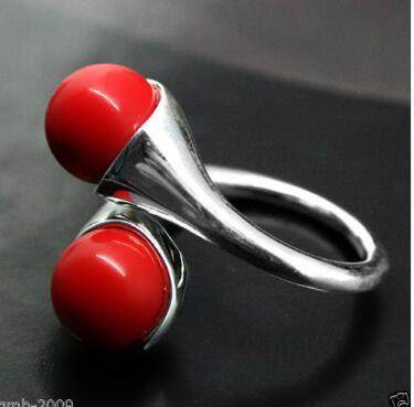 Free Shipping 6MM RED CORAL 925 STERLING SILVER RING SIZE ADJUSTABLE