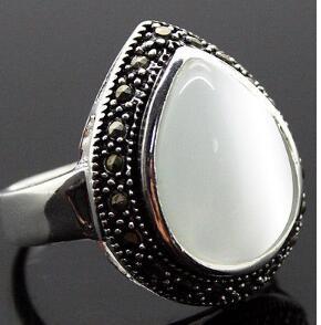 Free Shipping 25*20mm man/woman 925 SILVER NATURAL WHITE OPAL MARCASITE DROP RING SIZE 7/8/9/10 gift