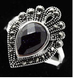 Free Shipping fashion design 925 SILVER FACETED DROP BLUE SANDSTONE MARCASITE RING SIZE 7/8/9/10 valentise gift