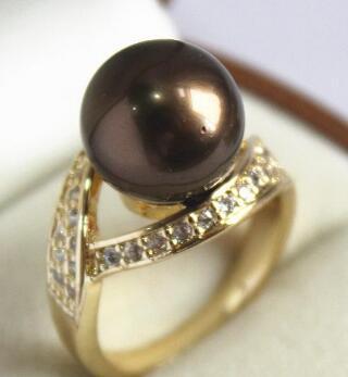 Free Shipping noble lady's 18KGP with crystal decorated &12mm brown shell pearl ring(#7 8 9 10)