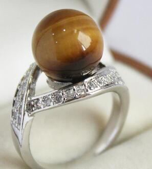 Free Shipping elegant lady's silver plated with crystal decorated &12mm tiger eye stone ring(#7 8 9 10)