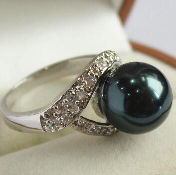 Free Shippin lady's silver plated with crystal decorated &12mm black shell pearl ring(#7 8 9 10)