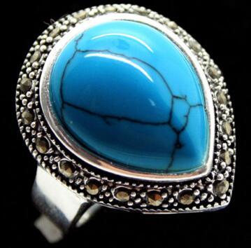 Free Shipping Best Gift 25*20mm RARE HUGE DROP BLUE Natural Stone MARCASITE 925 SILVER RING SIZE 7/8/9/10