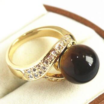 Free Shippingcute lady's 18KGP with crystal decorated &12mm brown jades ring(#7 8 9 10)