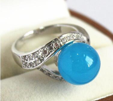 Free Shipping elegant lady's silver plated with crystal decorated &12mm blue jades ring(#7 8 9 10)