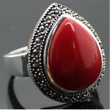 Free Shipping wholesale 25x20mm Red Carved Lacquer Inlay Marcasite 925 Sterling Silver Drop Ring Sz 7-10