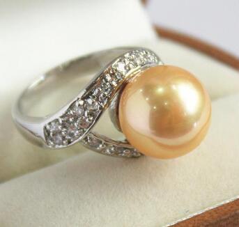 Free Shipping high quality lady's silver plated with crystal decorated &12mm yellow shell pearl ring(#7 8 9 10)