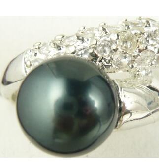 Free Shipping wholesale silver plated inlay crystal 8mm black shell pearl ring #7,8,9