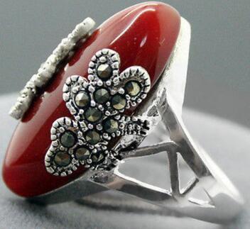 Free Shipping wholesale Beautiful Marcasite 925 red Natural Stone jewelry sterling silver ring size 7-10