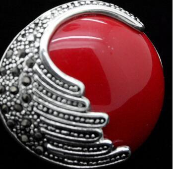 Free Shipping latest design lady's 25mm Red Coral 925 Sterling Silver Marcasite Ring Size 7/8/9/10