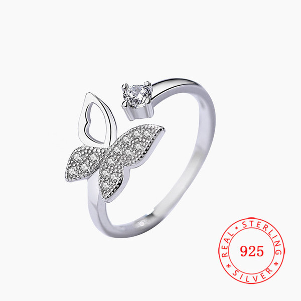 Adjustable Opening Silver Ring 925 Sterling Silver Jewelry AAA Cubic Zirconia Pave Setting Butterfly Women Finger Rings