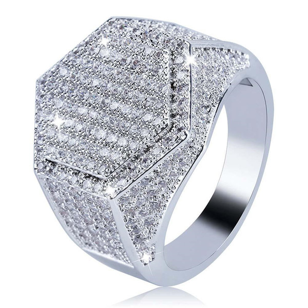 Mens Hexagon Rings Vintage Hip Hop Ring Zircon Iced Out Stainless Steel Ring Luxury Gold Silver Plated Rings Fashion Jewelry Lover Gift